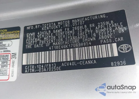 2007 Toyota Camry Ce z USA, uszkodzony, nr VIN 4T1BE46K17U698854